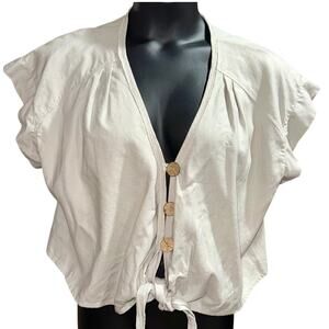 B&A Beige Abstract Print Button-Up Crop Top with Tie Bottom Cap Sleeves SZ XL